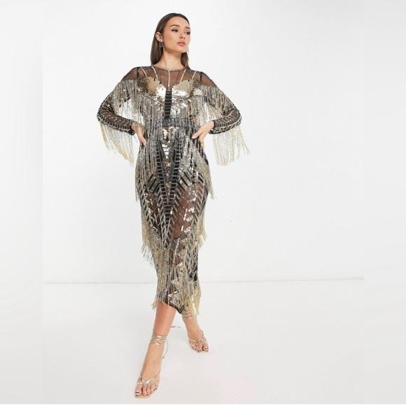 ASOS EDITION sequin and fringe artwork long sleeve midi dress NWT